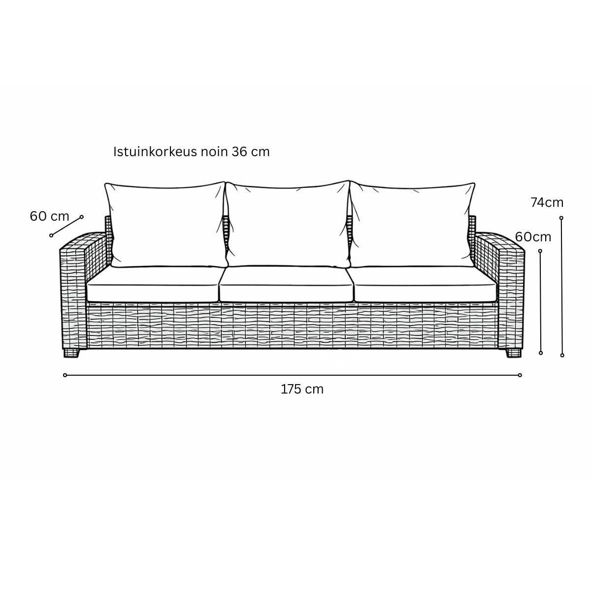 3-istuttava ulkosohva 175 x 60 x 74 cm – polyrottinki, valkoinen/harmaa