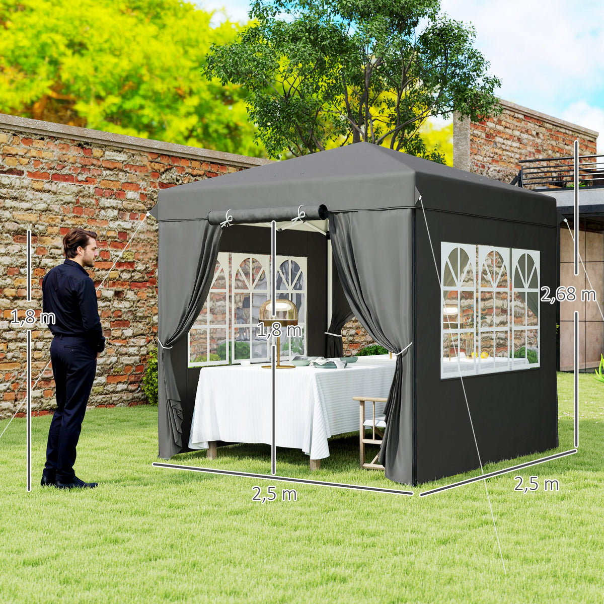 Pop-up-paviljonki 2,5 x 2,5 m sivuseinillä ja pyörällisellä laukulla, UPF50+, tummanharmaa
