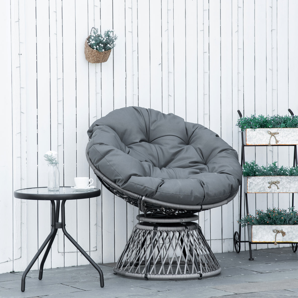 Papasan-tuoli polyrottinkia, 360° pyörivä, pehmeä pehmuste, harmaa