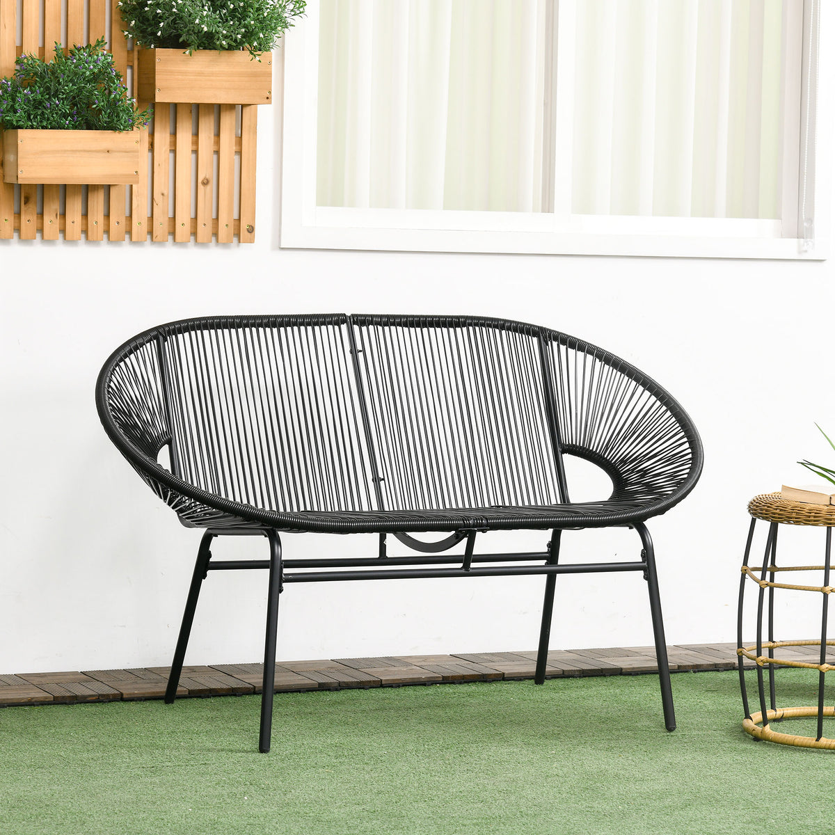 Polyrottinkinen puutarhapenkki kahdelle, boho-tyyli, musta