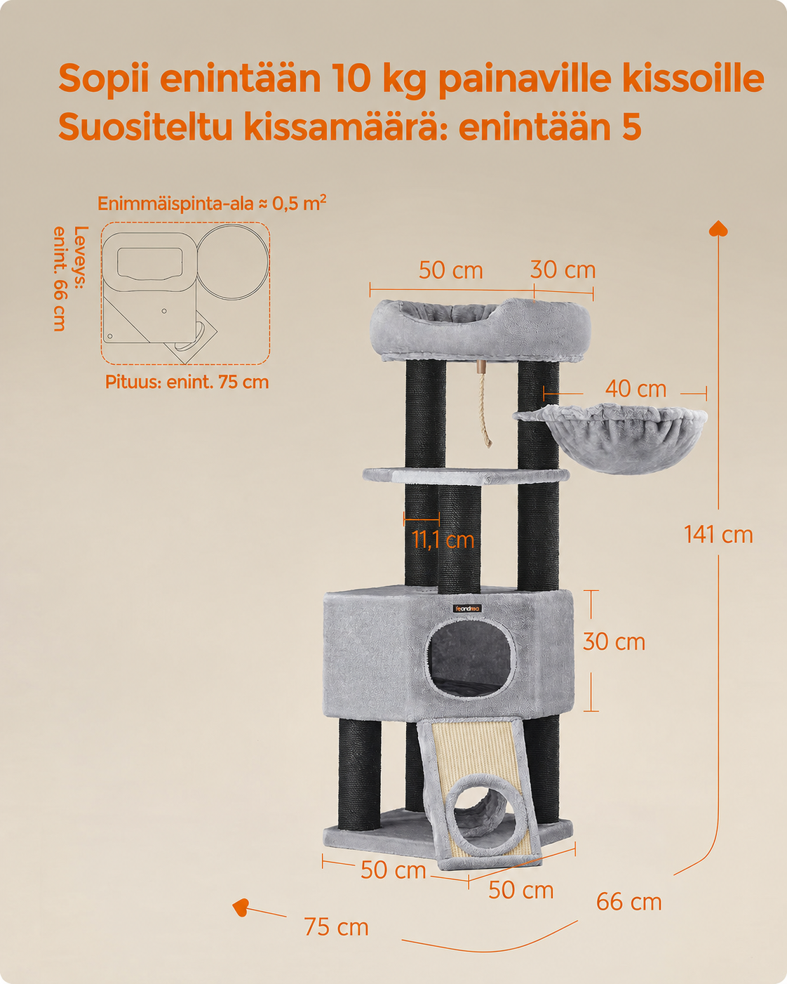 FEANDREA Klorställ för stora katter, utsiktsplattform, bänk och mjuk grotta, tornmodell, extra tjocka stolpar klädda med svart sisal, stabil, ljusgrå