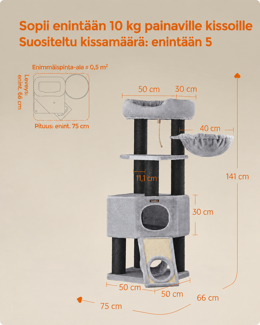 FEANDREA Raapimispuu suurille kissoille, näköalataso, penkki ja pehmoluola, tornimalli, erittäin paksut mustalla sisalilla päällystetyt tolpat, vakaa, vaaleanharmaa