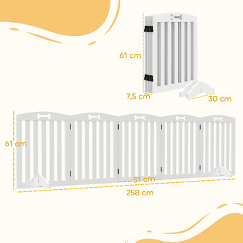 Vapaasti seisova koiraportti tukijaloilla, viisi paneelia, MDF, 258 x 61 cm, valkoinen