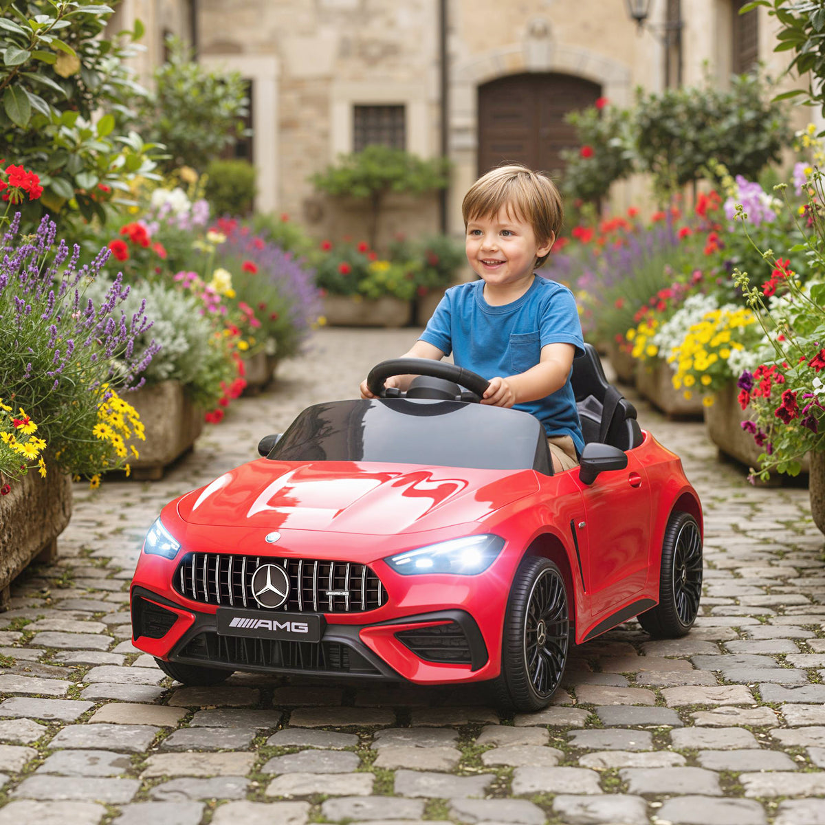 Lasten sähköauto Mercedes-AMG 12V, kaukosäädin, 3-pisteturvavyö, USB ja MP3, 3–6 v, punainen