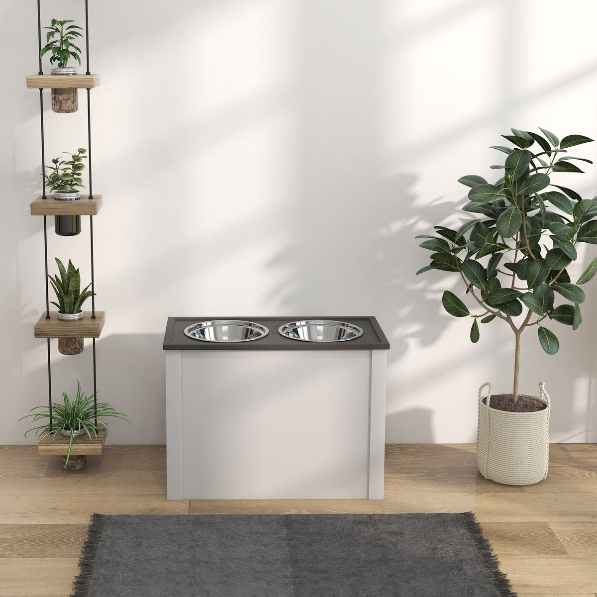 Koiran ruokintateline 30 l piilosäilytyksellä ja 2 RST-kupilla 2 l, 60 x 30 x 42 cm, valkoinen/harmaa