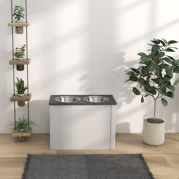Koiran ruokintateline 30 l piilosäilytyksellä ja 2 RST-kupilla 2 l, 60 x 30 x 42 cm, valkoinen/harmaa