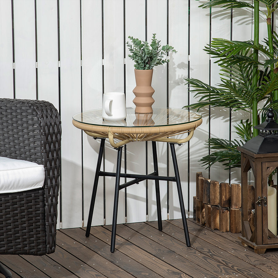 Boho-tyylinen rottinkinen sivupöytä lasikannella, Ø50 cm, beige