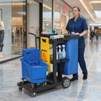 Siivousvaunu 3 hyllyllä, 70 l jätesäkki ja moppiämpäri puristimella, varoituskyltti, sininen