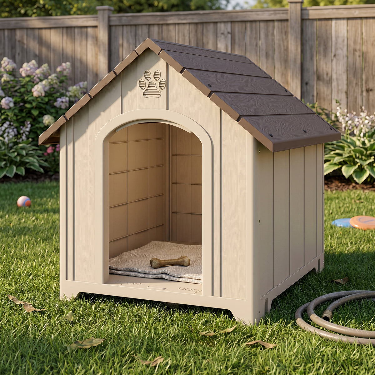 Iso muovinen koirankoppi avattavalla katolla ja maa-ankkureilla, korotettu, 30 kg asti, 88 x 79 x 89 cm, beige