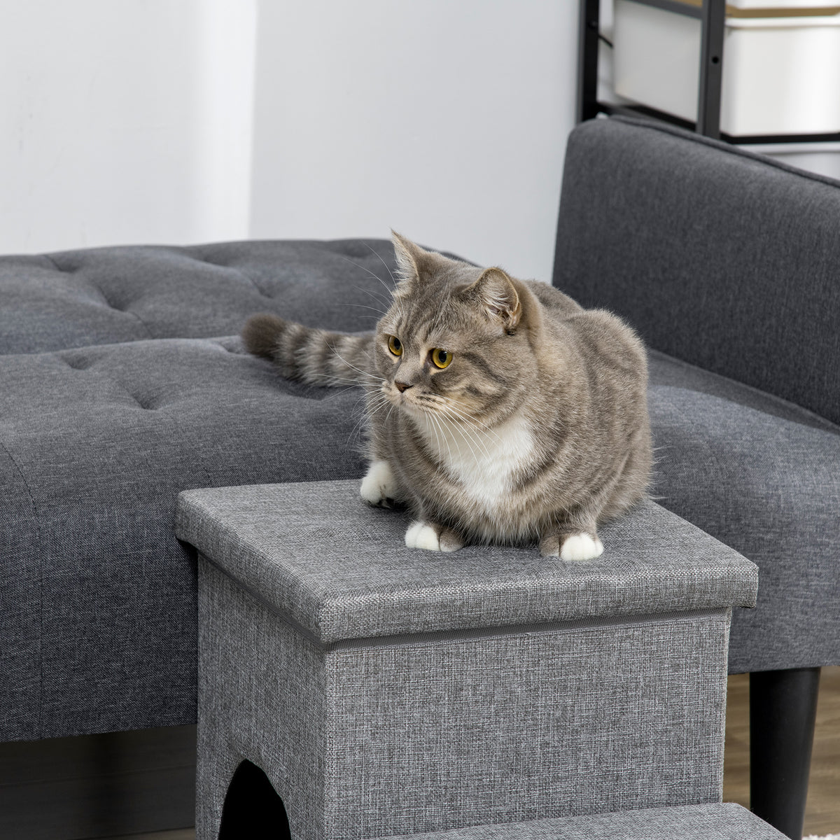 Lemmikin portaat petillä ja piilotetulla säilytystilalla, 10 kg asti, 73,5 x 33 x 40,5 cm, vaaleanharmaa