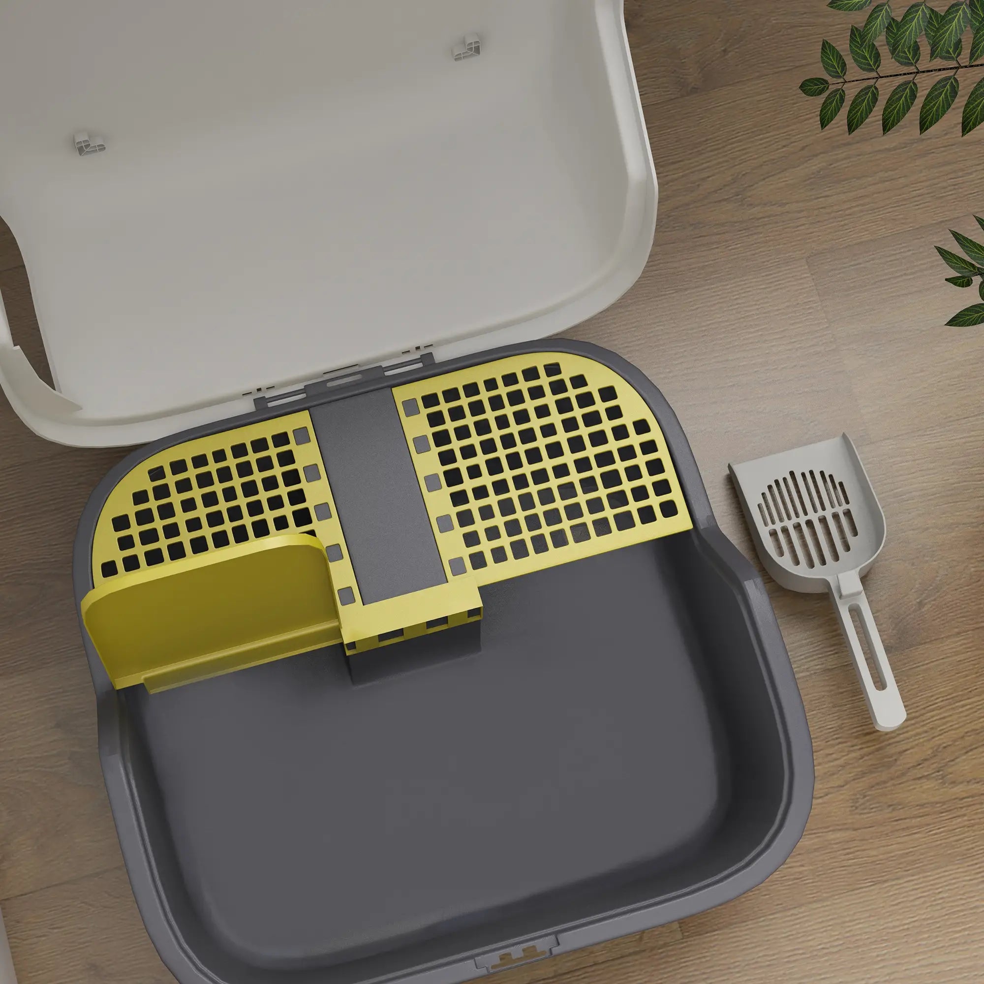 Suljettu kissanvessa kannella ja lapiolla, helppo puhdistaa, valkoinen