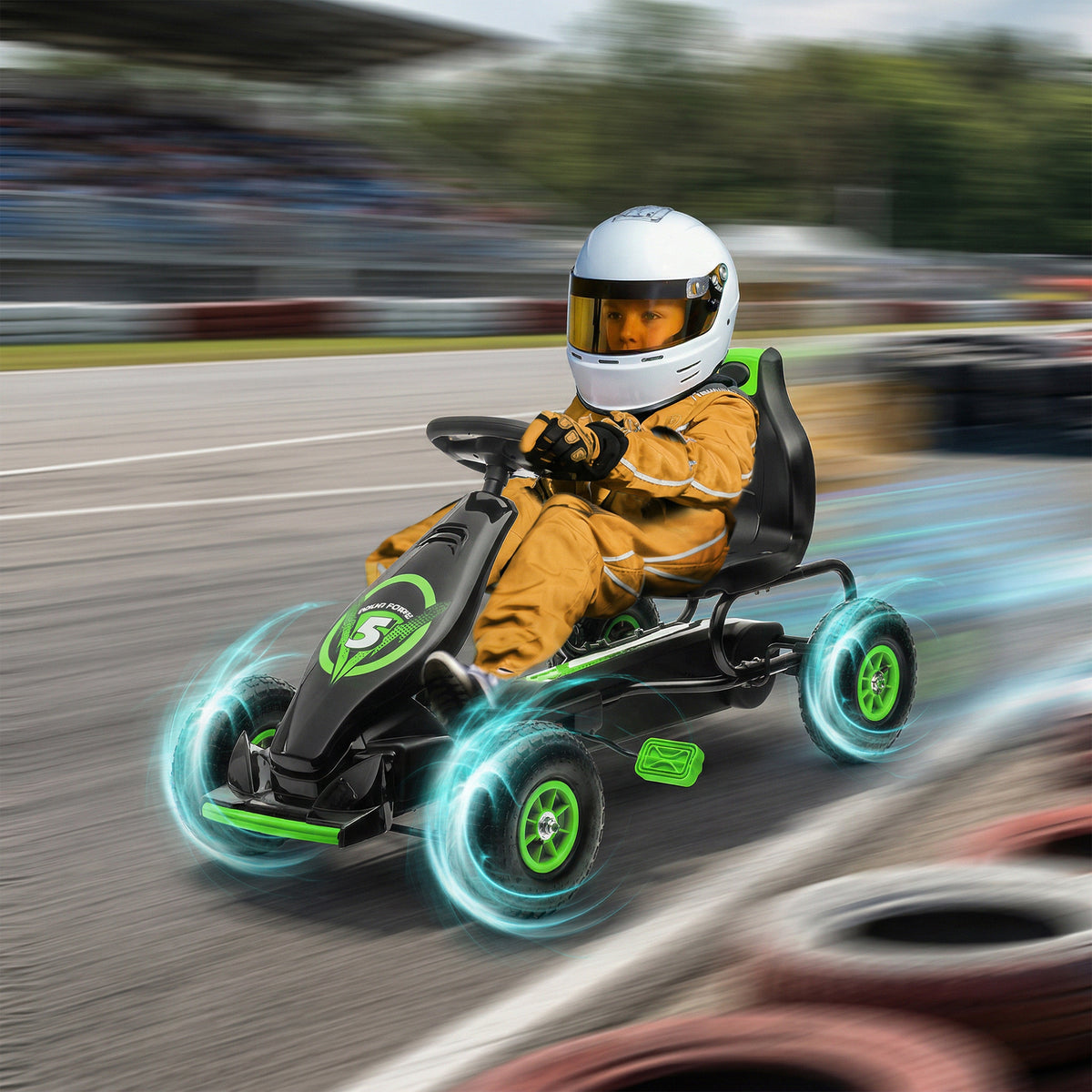 Lasten polkuautokartingauto kumirenkailla, säädettävä istuin, 5–12 v, vihreä/musta