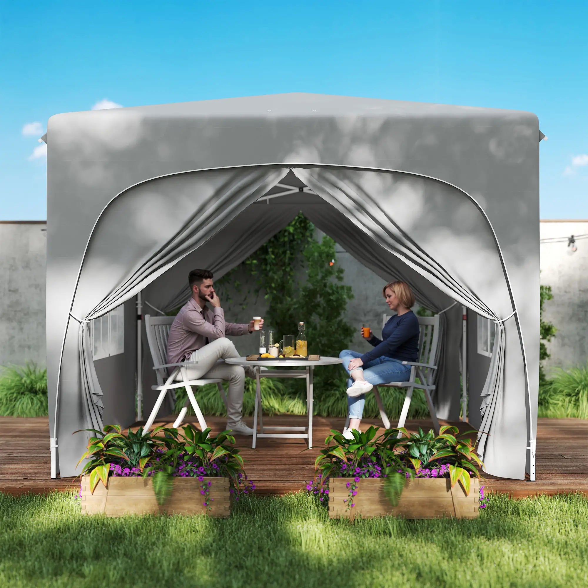 3 x 3 m pop-up paviljonki sivuseinillä, UPF 50+ -aurinkosuoja ja säädettävä korkeus