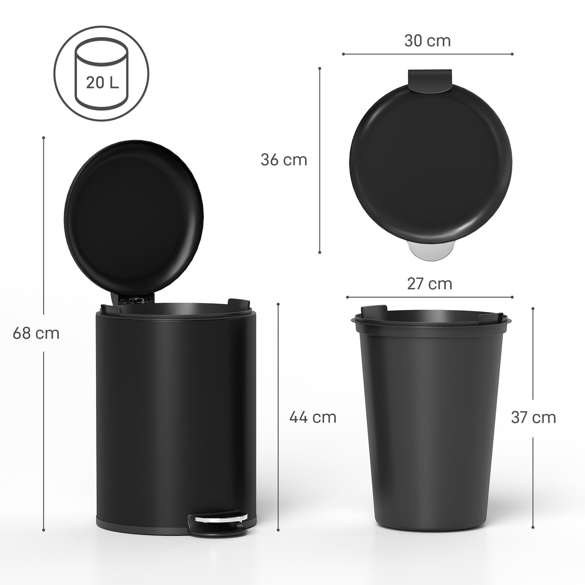 Poljinroskakori 20 l, pehmeästi sulkeutuva kansi, irrotettava sisäastia, kapea, musta