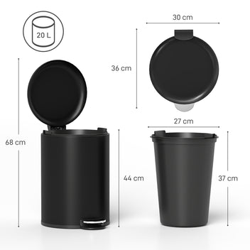 Poljinroskakori 20 l, pehmeästi sulkeutuva kansi, irrotettava sisäastia, kapea, musta