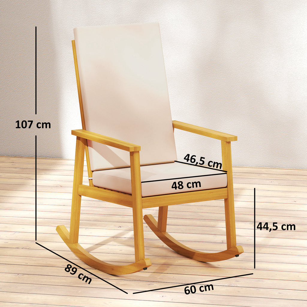 Akaasiapuinen keinutuoli korkealla selkänojalla ja tyynyillä, beige