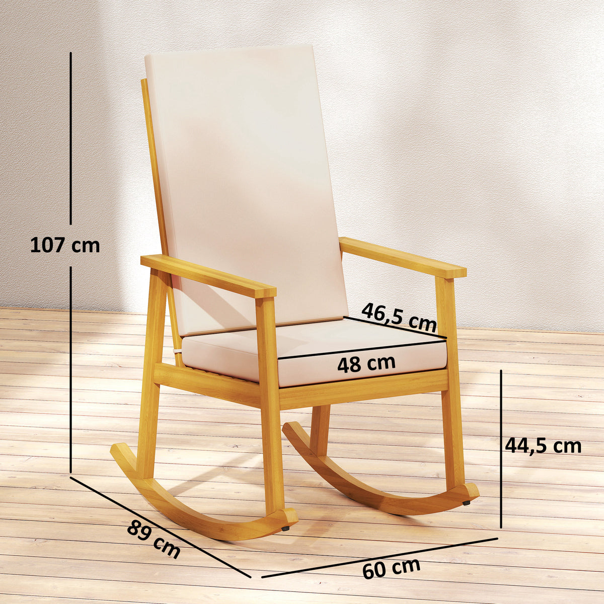 Akaasiapuinen keinutuoli korkealla selkänojalla ja tyynyillä, beige
