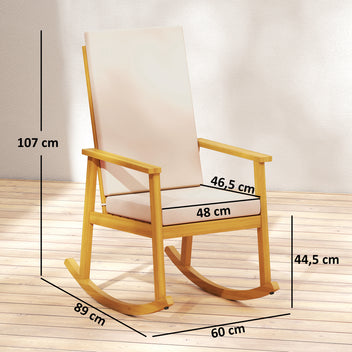 Akaasiapuinen keinutuoli korkealla selkänojalla ja tyynyillä, beige