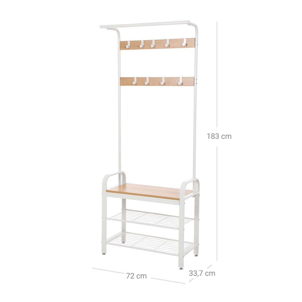 Eteiskaluste, naulakko kenkäpenkillä, 4-in-1-rakenne, 9 irrotettavaa koukkua ja vaatetanko, eteiseen, 34 × 73,6 × 183,5 cm, moderni, tammi ja kerma