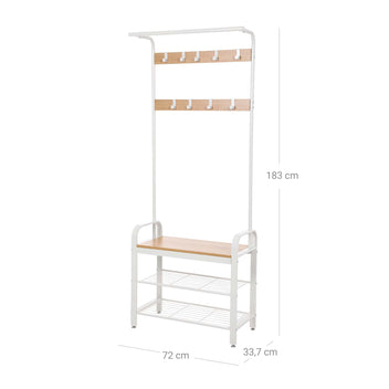 Eteiskaluste, naulakko kenkäpenkillä, 4-in-1-rakenne, 9 irrotettavaa koukkua ja vaatetanko, eteiseen, 34 × 73,6 × 183,5 cm, moderni, tammi ja kerma