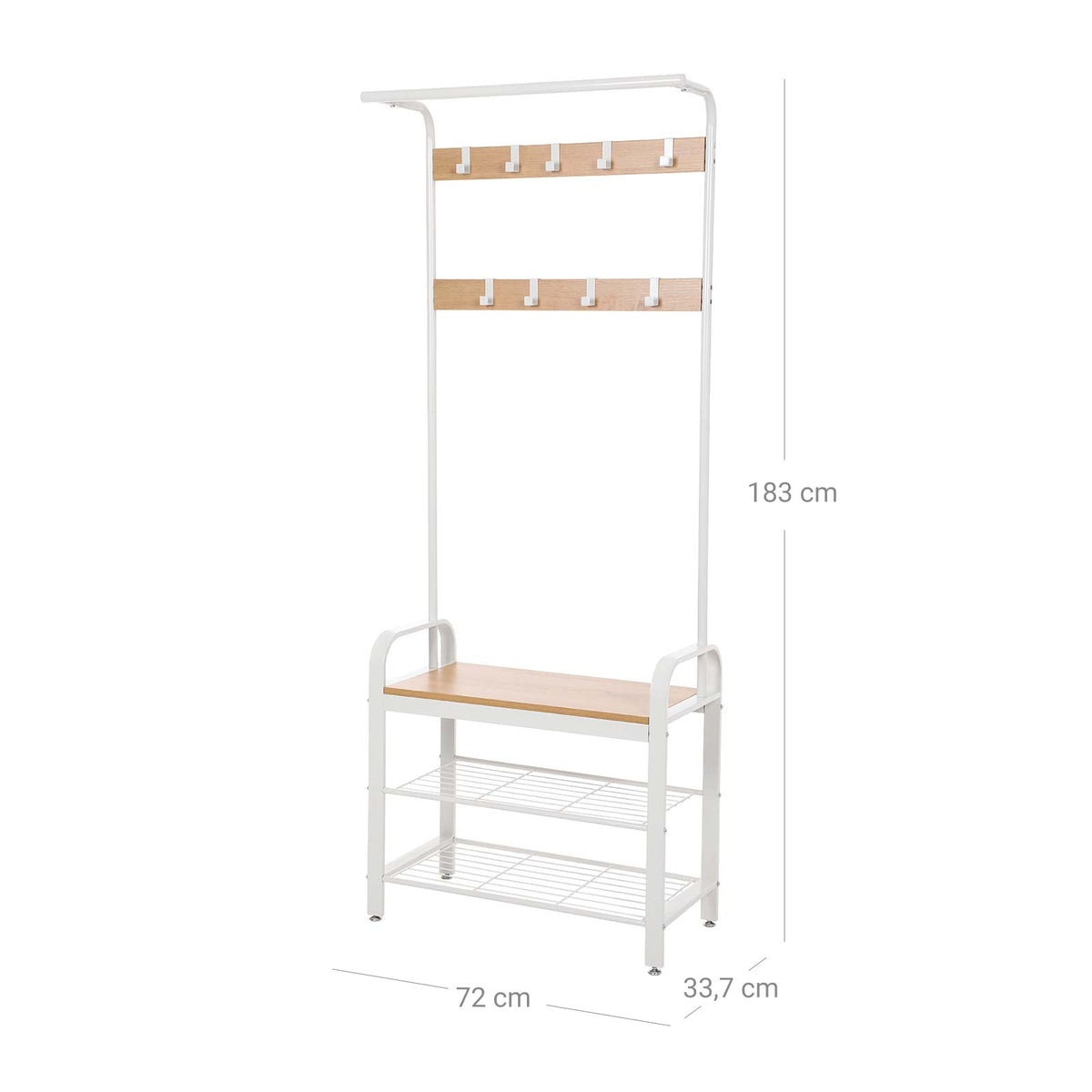 Eteiskaluste, naulakko kenkäpenkillä, 4-in-1-rakenne, 9 irrotettavaa koukkua ja vaatetanko, eteiseen, 34 × 73,6 × 183,5 cm, moderni, tammi ja kerma