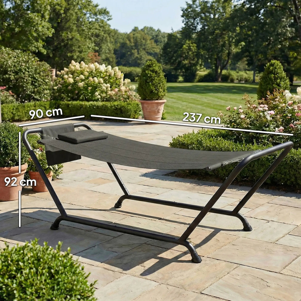 Riippumatto telineellä 237 x 90 cm, niskatyyny ja sivutasku, metallirunko 150 kg