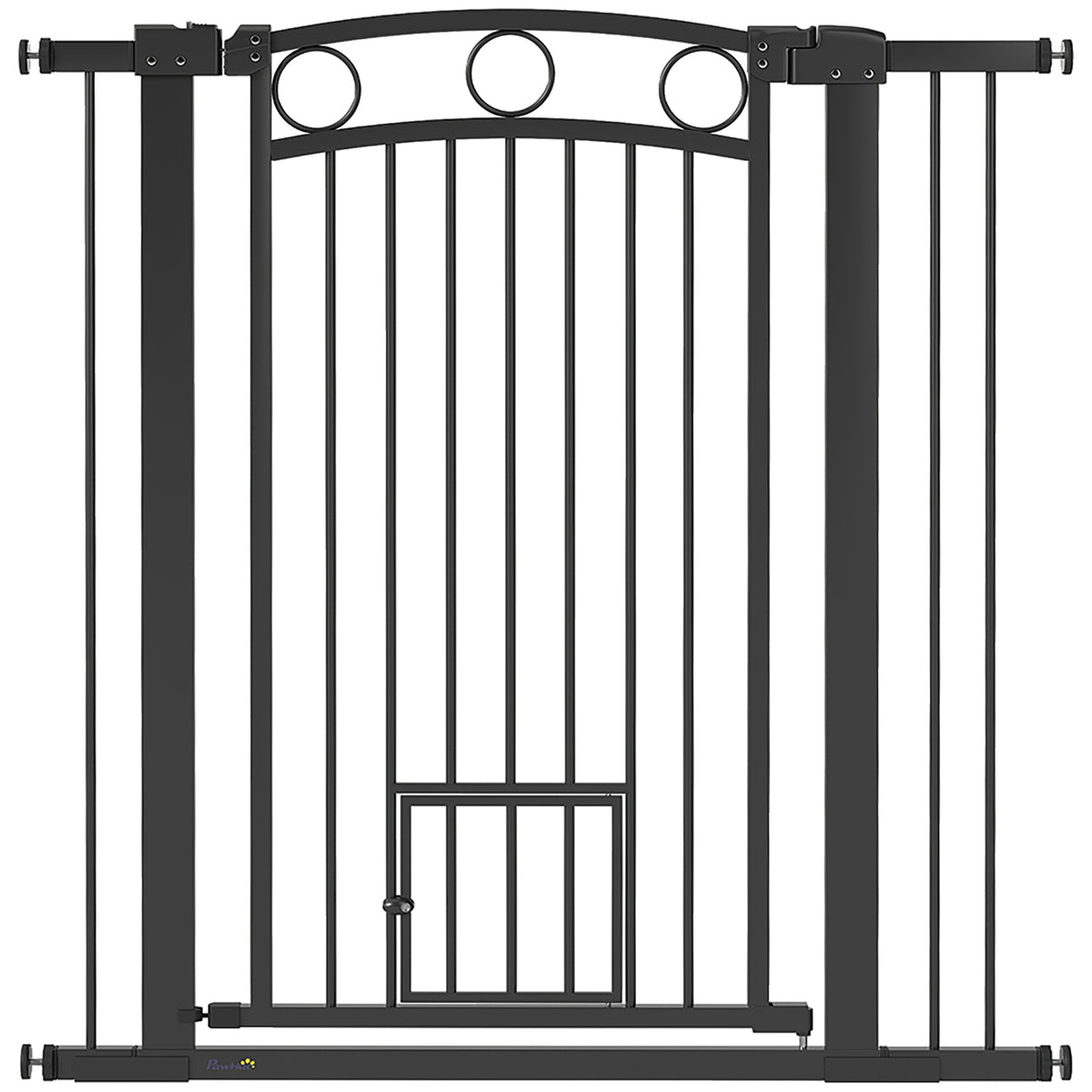 Erittäin korkea koiraportti kissaluukulla, leveys 76–104 cm, korkeus 106 cm, musta