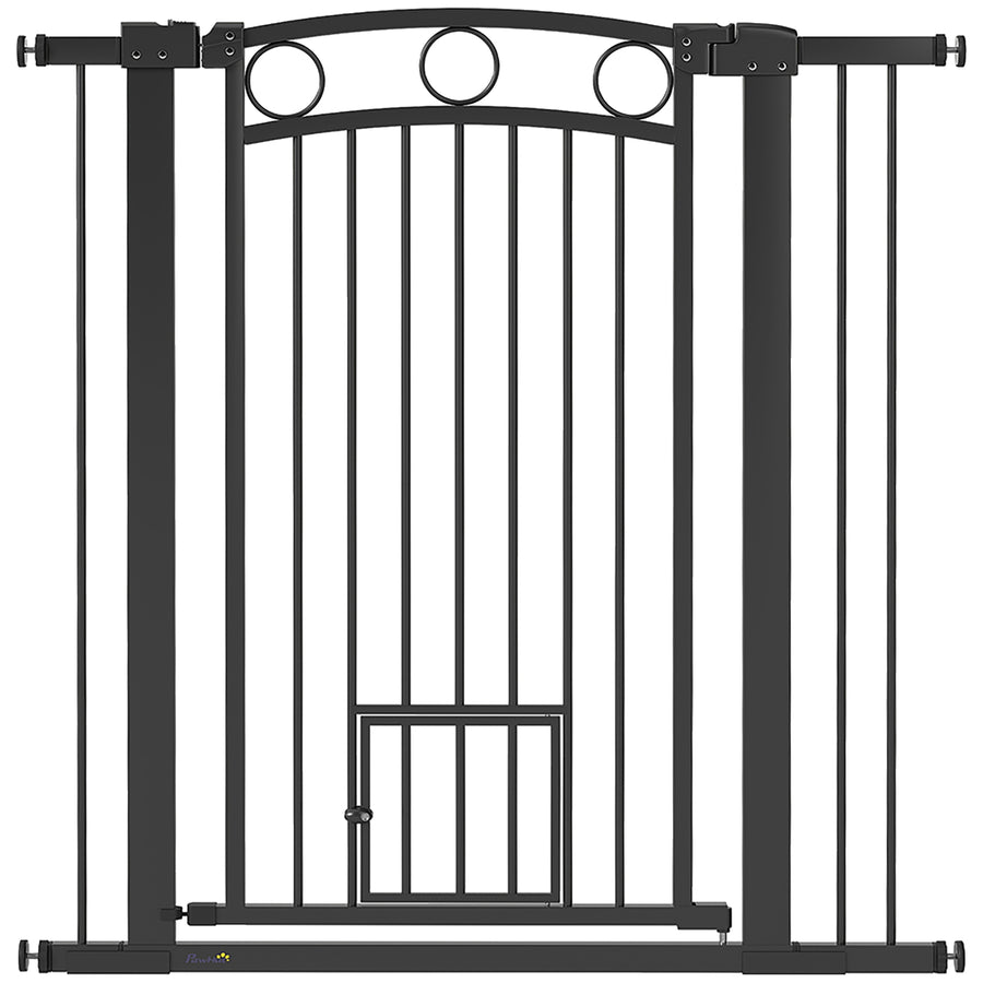 Erittäin korkea koiraportti kissaluukulla, leveys 76–104 cm, korkeus 106 cm, musta
