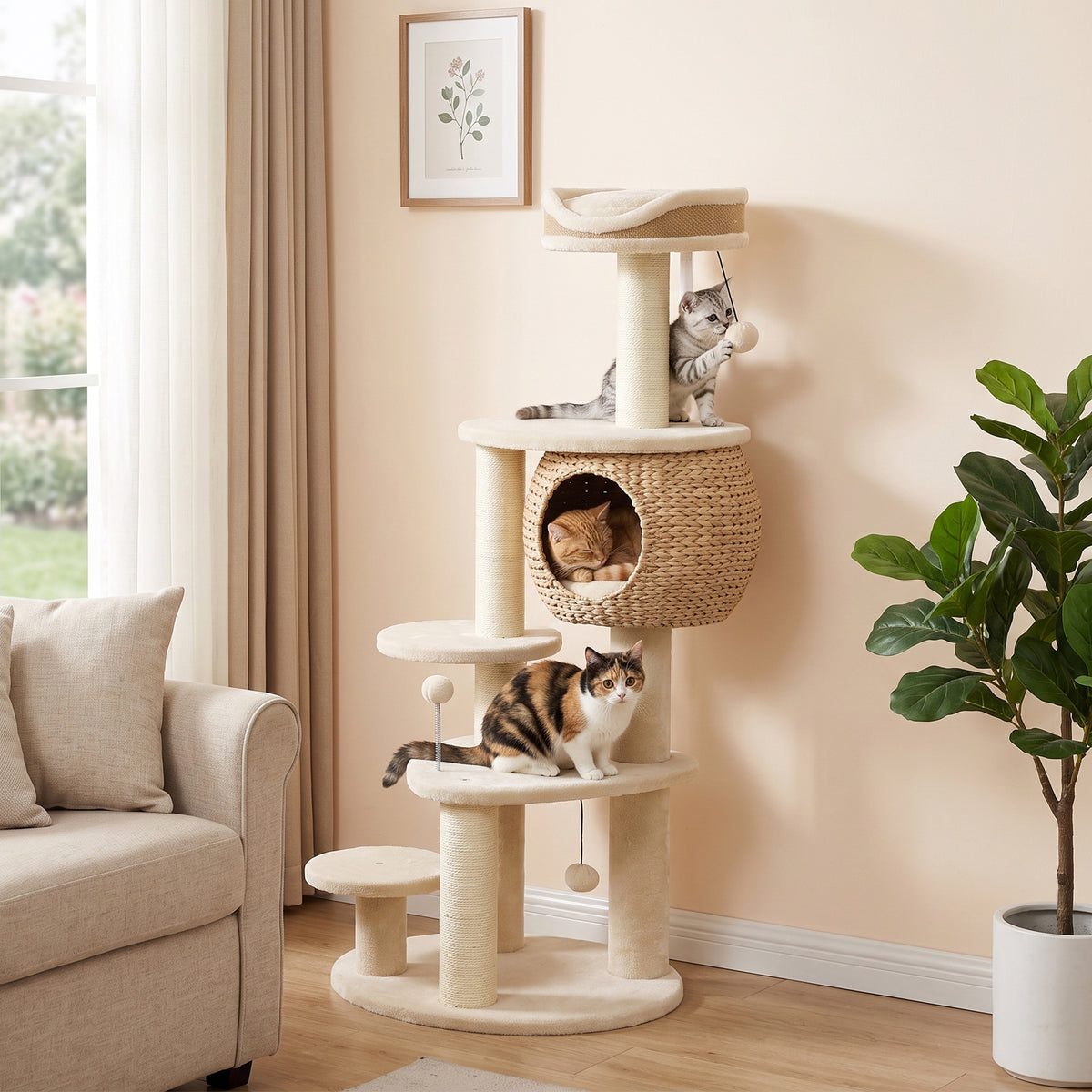 Kissan raapimispuu punotulla osmankäämipesällä, 132 cm, beige