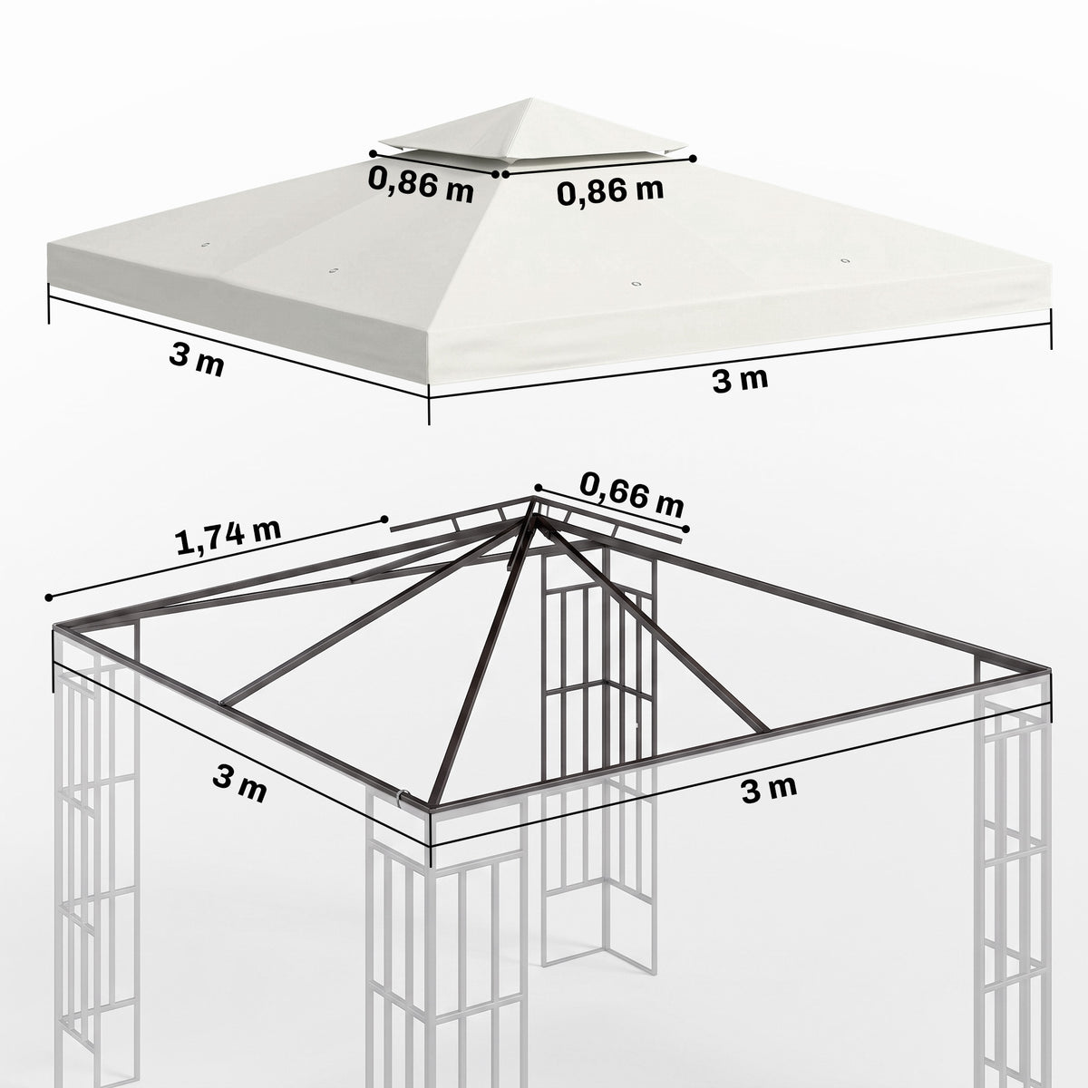 Varakatto 3 x 3 m paviljonkiin, kaksoiskatto, kermanvalkoinen