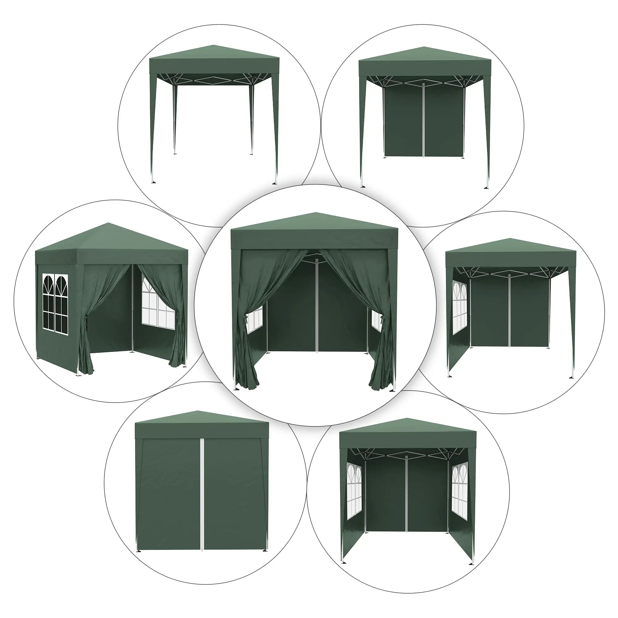 Pop up -paviljonki 2 x 2 m, 4 irrotettavaa sivuseinää ja kantolaukku, tummanvihreä