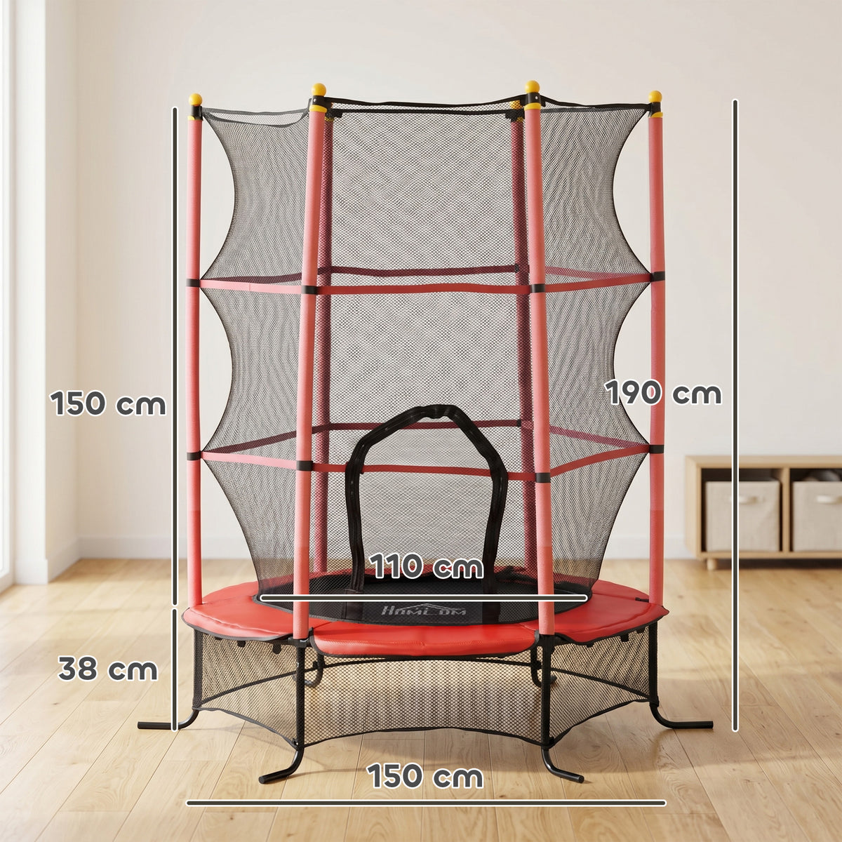 Lasten trampoliini Ø 163 cm turvaverkolla, jouseton, sisälle ja ulos, punainen