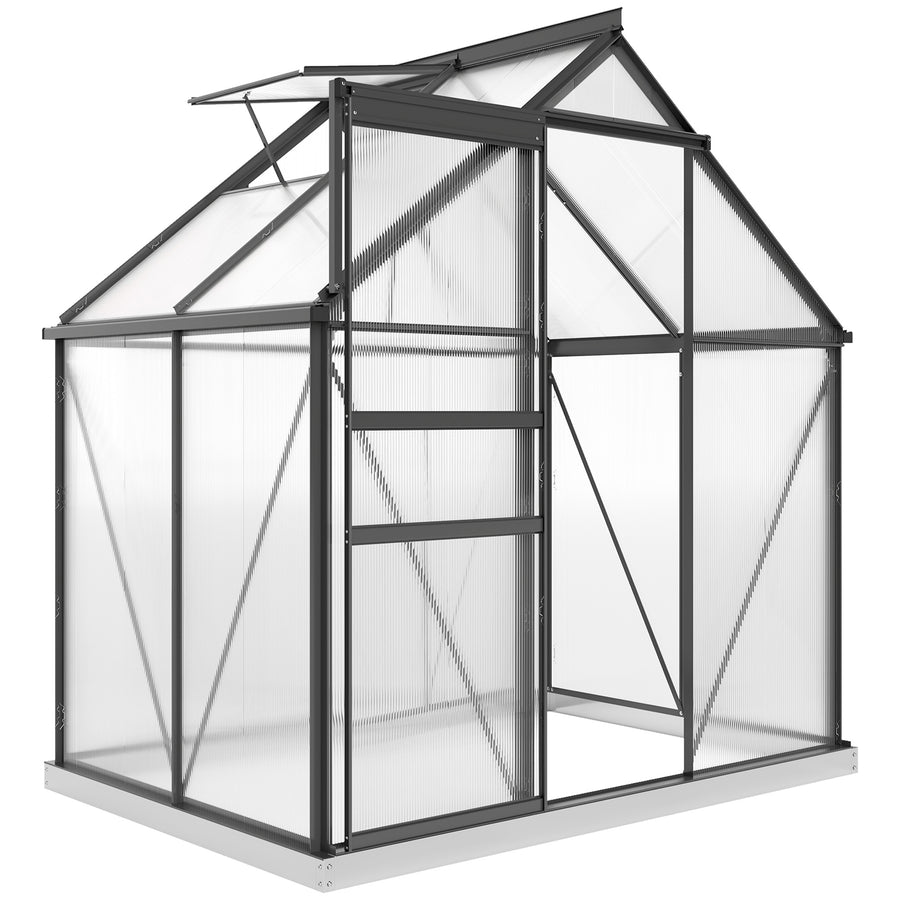 Alumiininen polykarbonaattikasvihuone perustuksella ja kattoikkunalla, 2,5 m², harmaa