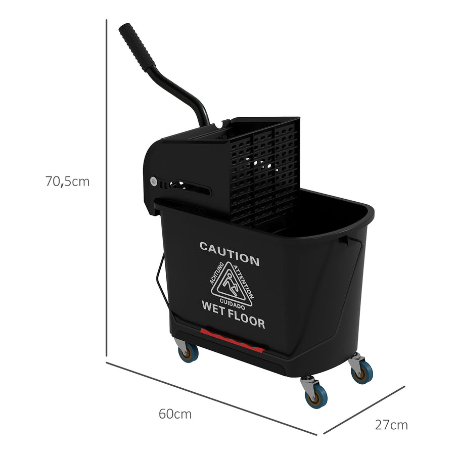 Moppiämpäri 20 l puristimella ja kahvalla, pyörät, muovi, musta