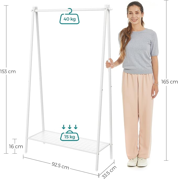 Vaaterekki teräsrungolla, ripustustanko ja hylly, 33,5 × 92,5 × 153 cm, makuuhuoneeseen, vaatehuoneeseen ja pesutupaan, valkoinen
