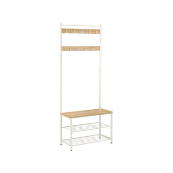 Eteiskaluste, naulakko kenkäpenkillä ja kenkätelineellä, 3-in-1-rakenne, teräsrunko, eteiseen, 32,5 × 70 × 175 cm, moderni, tammensävyinen ja valkoinen