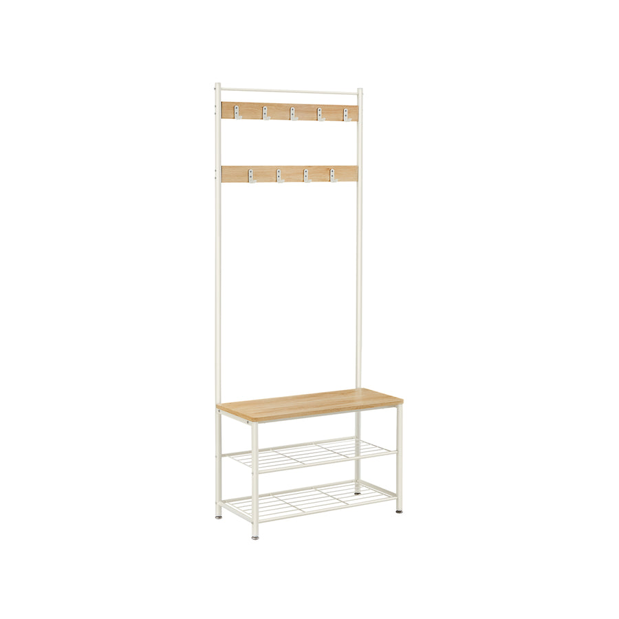 Eteiskaluste, naulakko kenkäpenkillä ja kenkätelineellä, 3-in-1-rakenne, teräsrunko, eteiseen, 32,5 × 70 × 175 cm, moderni, tammensävyinen ja valkoinen