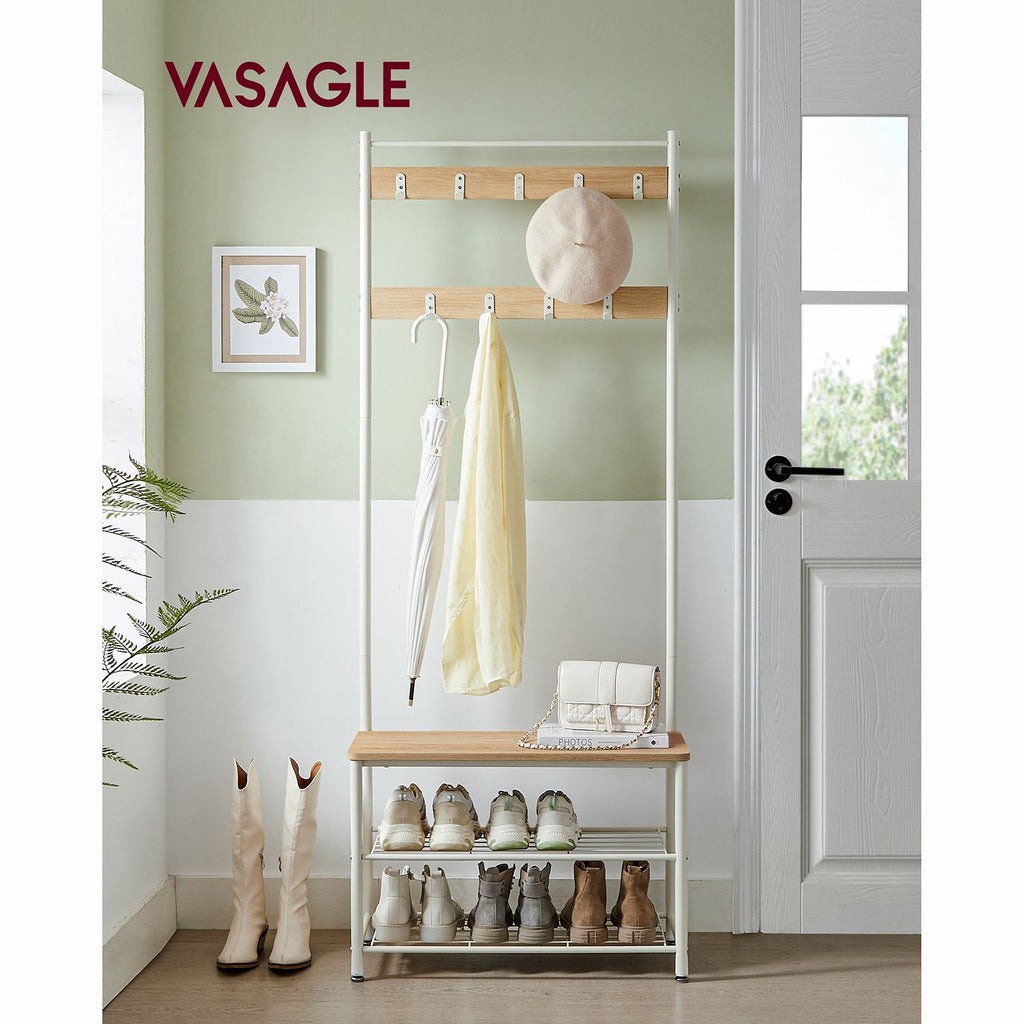 Eteiskaluste, naulakko kenkäpenkillä ja kenkätelineellä, 3-in-1-rakenne, teräsrunko, eteiseen, 32,5 × 70 × 175 cm, moderni, tammensävyinen ja valkoinen