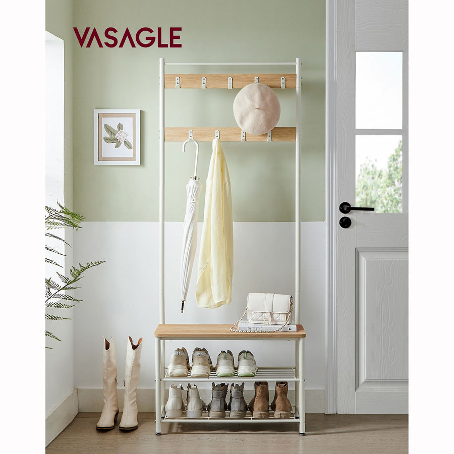 Eteiskaluste, naulakko kenkäpenkillä ja kenkätelineellä, 3-in-1-rakenne, teräsrunko, eteiseen, 32,5 × 70 × 175 cm, moderni, tammensävyinen ja valkoinen