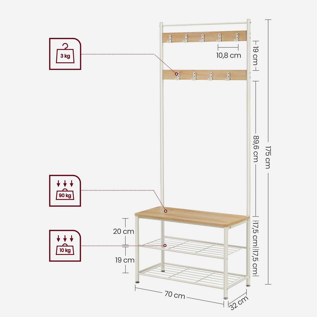 Eteiskaluste, naulakko kenkäpenkillä ja kenkätelineellä, 3-in-1-rakenne, teräsrunko, eteiseen, 32,5 × 70 × 175 cm, moderni, tammensävyinen ja valkoinen