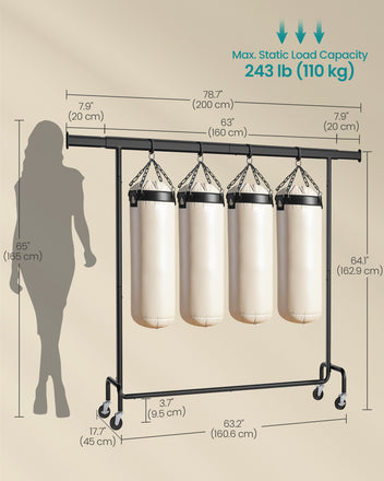 Vaaterekki pyörillä, järeä vaatetanko, jatkettava ripustustanko, kantavuus 110 kg, 45 × (160–200) × 162,9 cm, kromattu, mattamusta