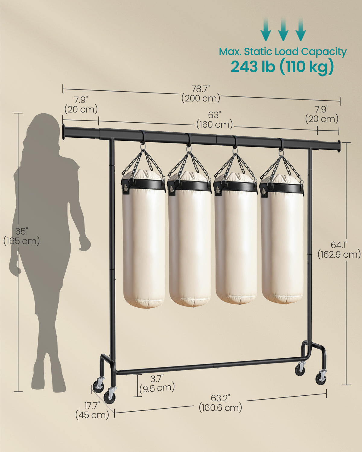 Vaaterekki pyörillä, järeä vaatetanko, jatkettava ripustustanko, kantavuus 110 kg, 45 × (160–200) × 162,9 cm, kromattu, mattamusta