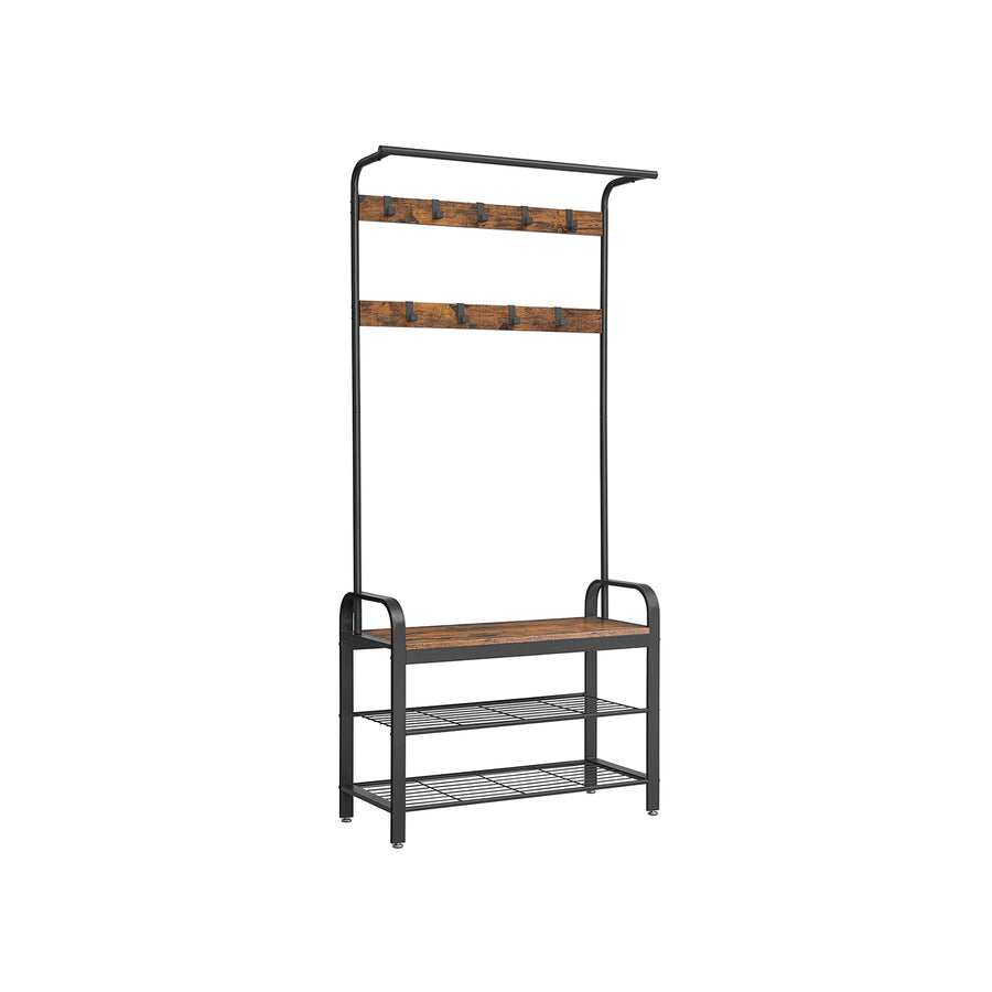 Eteiskaluste, naulakko kenkäpenkillä, 4-in-1-rakenne, 9 irrotettavaa koukkua ja vaatetanko, eteiseen, 33,7 × 84 × 183 cm, industrial-tyyli, rustiikkiruskea ja musta