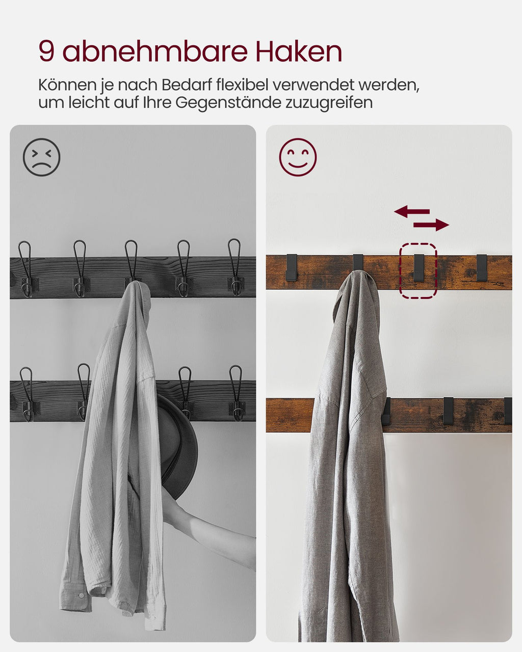 Eteiskaluste, naulakko kenkäpenkillä, 4-in-1-rakenne, 9 irrotettavaa koukkua ja vaatetanko, eteiseen, 33,7 × 84 × 183 cm, industrial-tyyli, rustiikkiruskea ja musta