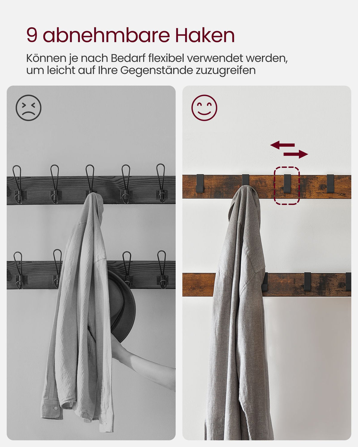 Eteiskaluste, naulakko kenkäpenkillä, 4-in-1-rakenne, 9 irrotettavaa koukkua ja vaatetanko, eteiseen, 33,7 × 84 × 183 cm, industrial-tyyli, rustiikkiruskea ja musta