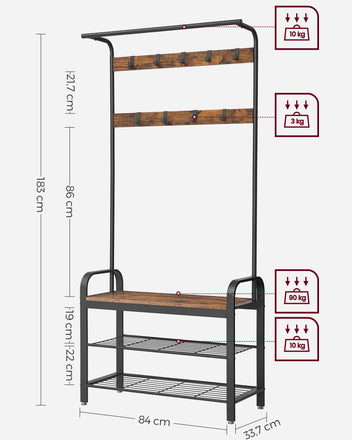 Eteiskaluste, naulakko kenkäpenkillä, 4-in-1-rakenne, 9 irrotettavaa koukkua ja vaatetanko, eteiseen, 33,7 × 84 × 183 cm, industrial-tyyli, rustiikkiruskea ja musta