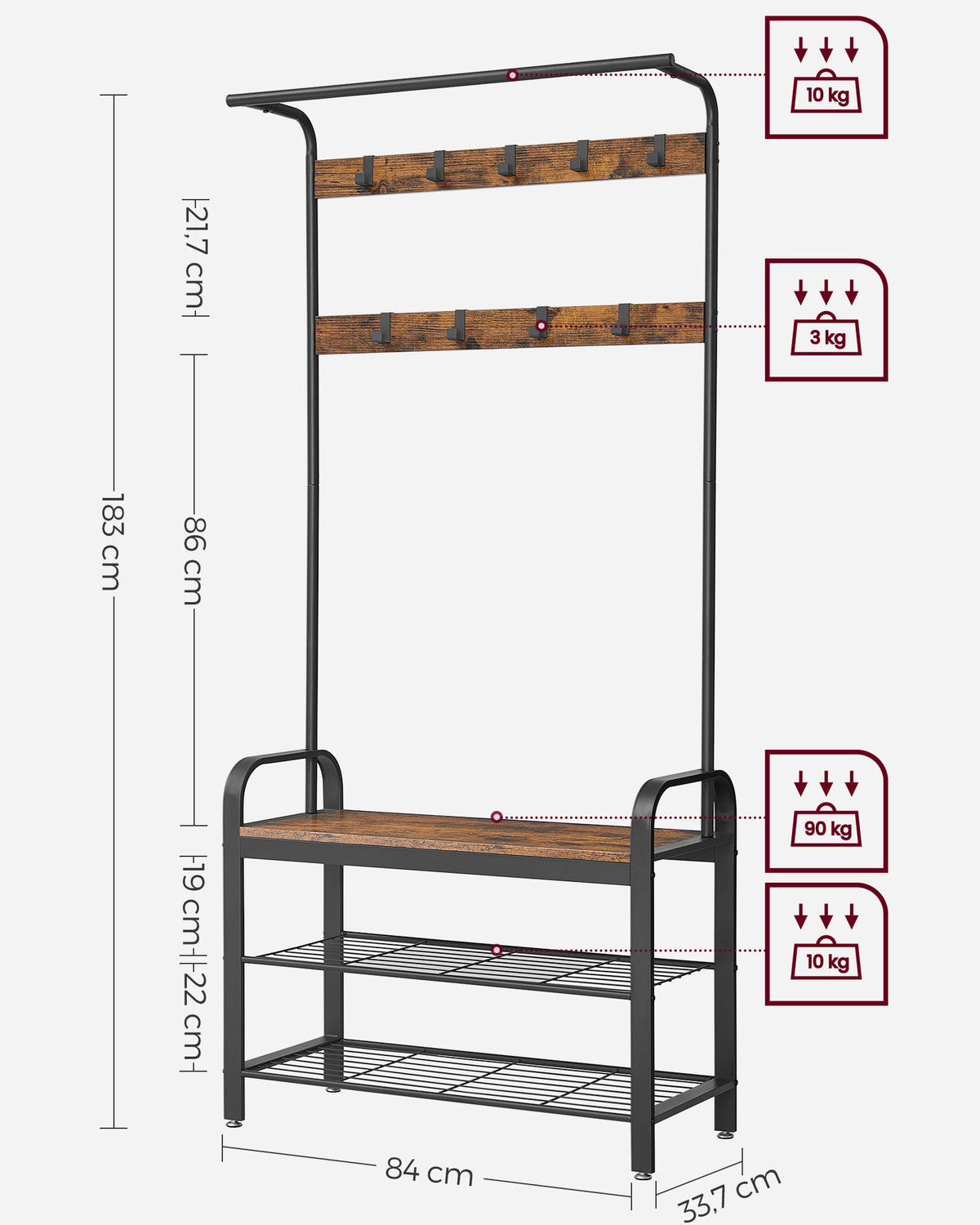 Eteiskaluste, naulakko kenkäpenkillä, 4-in-1-rakenne, 9 irrotettavaa koukkua ja vaatetanko, eteiseen, 33,7 × 84 × 183 cm, industrial-tyyli, rustiikkiruskea ja musta