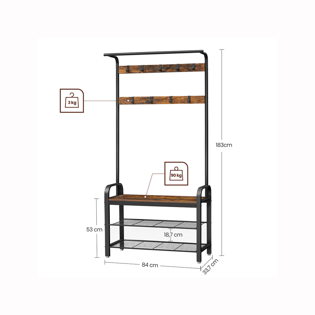 Eteiskaluste, naulakko kenkäpenkillä, 4-in-1-rakenne, 9 irrotettavaa koukkua ja vaatetanko, eteiseen, 33,7 × 84 × 183 cm, industrial-tyyli, rustiikkiruskea ja musta