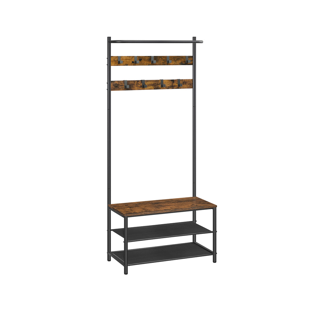Eteiskaluste, naulakko 9 irrotettavalla koukulla ja penkillä, industrial-muotoilu, eteiseen ja makuuhuoneeseen, 32,2 × 64 × 180 cm, vintageruskea ja musta