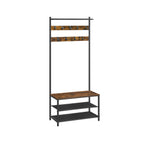 Eteiskaluste, naulakko 9 irrotettavalla koukulla ja penkillä, industrial-muotoilu, eteiseen ja makuuhuoneeseen, 32,2 × 64 × 180 cm, vintageruskea ja musta